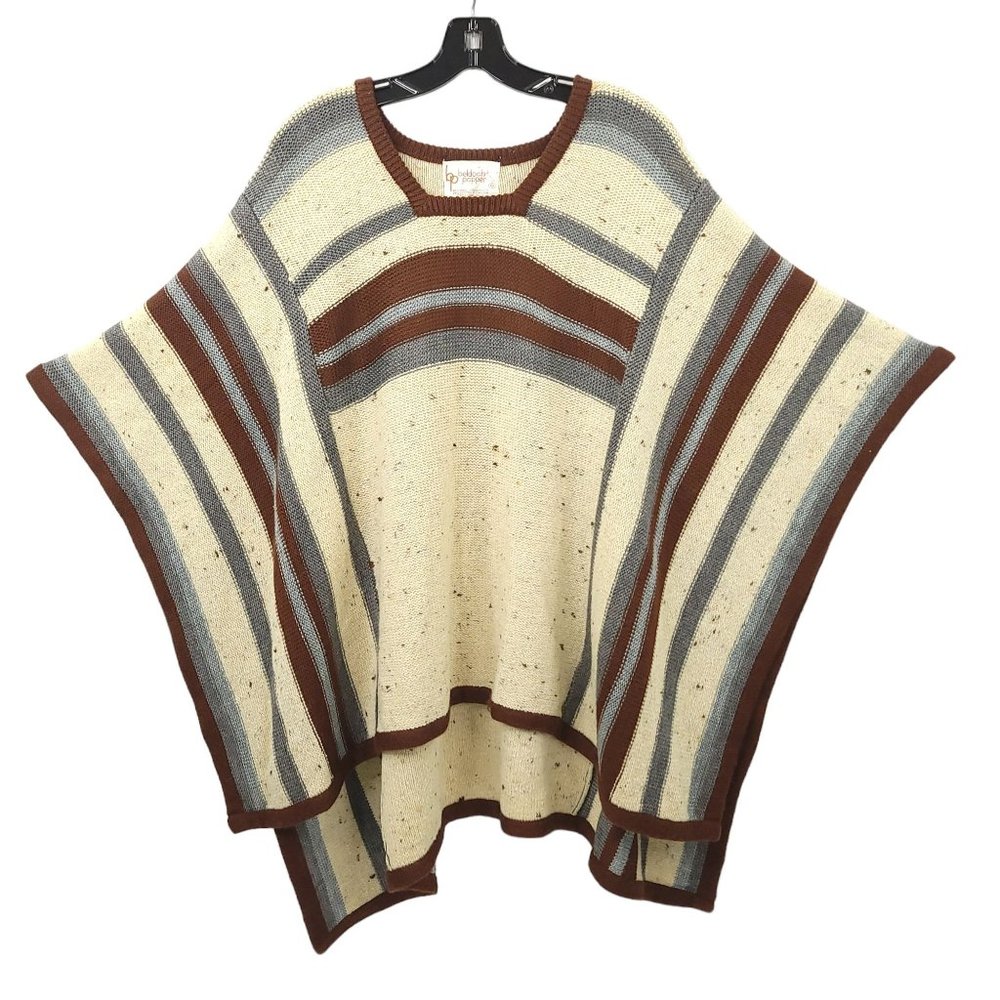 Beldoch Popper Wool Blend Poncho S Shawl Cape Striped Beige Blue Gray Vintage